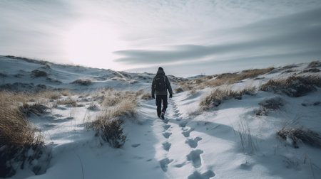 Man walking on a snow covered dunes in winter at sunset.の素材