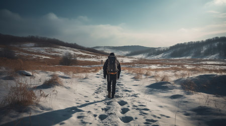 Man with backpack walking on snowy trail in winter forest. Travel and adventure concept.の素材