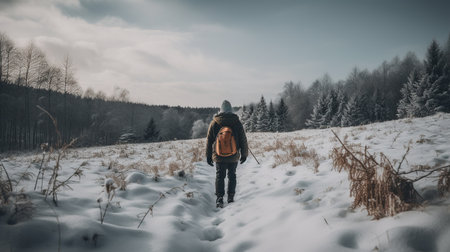 Man with backpack hiking in winter forest. Travel and adventure concept.の素材