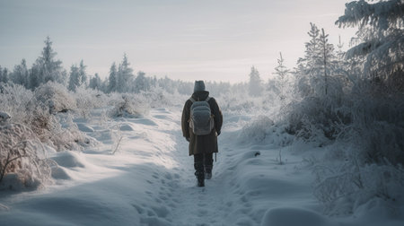 A man and a woman are walking along a snowy path in the winter forest.の素材