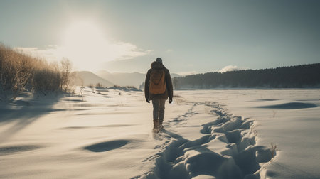 Hiker in the winter forest. Man with a backpack walks along a frozen river.の素材