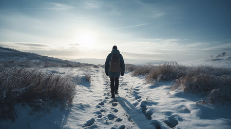 Hiker walking on a snow covered path in the countryside in winterの素材