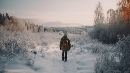 Hike in the winter forest. A man with a backpack walks through the snowy forest.の素材