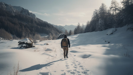 Hiking in the mountains. A man with a backpack walks along the snowy path.の素材