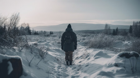 A young man with a backpack walks along a snowy trail in the mountains.の素材
