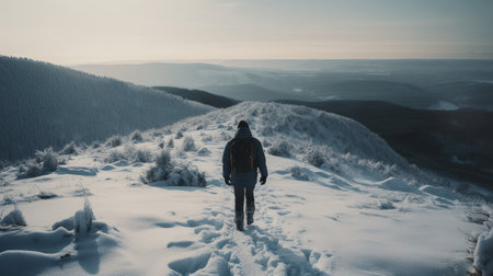 Hiker standing on top of a snowy mountain and looking into the distanceの素材