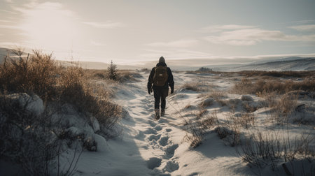 Hiker with backpack walking on snow covered trail in winter landscape.の素材