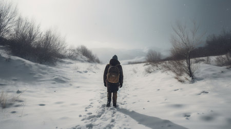 A man with a backpack walks through the snow in the mountains.の素材