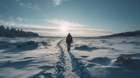 A young man with a backpack walks through the snow-covered field at sunset.の素材
