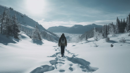 Hiker in winter mountains. Carpathians, Ukraine, Europe.の素材