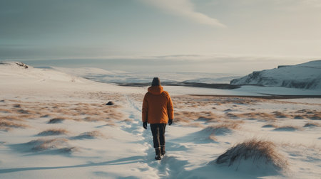Man walking on snow covered landscape in Iceland. Travel and adventure concept.の素材