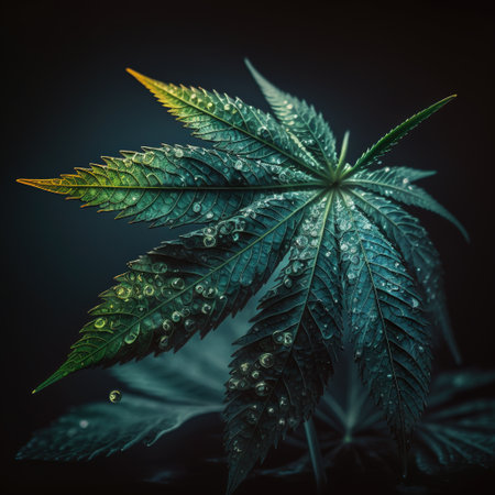 Cannabis leaf with water drops on dark background. Close-up.の素材