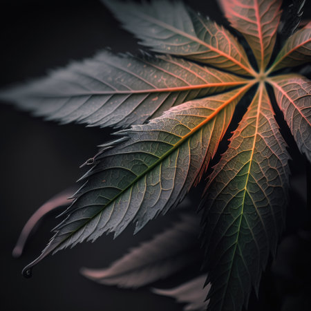 Cannabis leaf close-up, macro shot, dark backgroundの素材