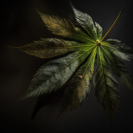Leaves of a marijuana plant on a dark background. Toned.の素材