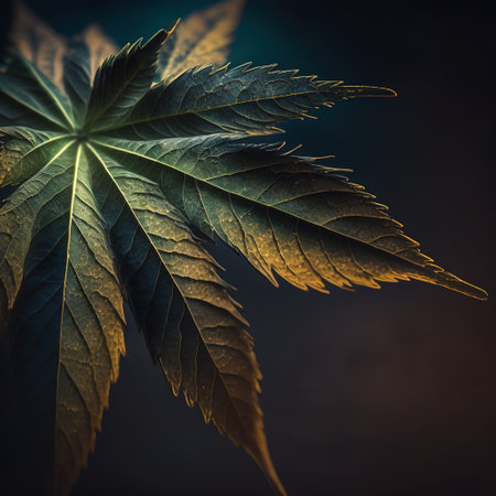 Green cannabis leaf on a dark background. Copy space for your text.の素材