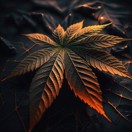 Cannabis leaf close-up on a dark background. 3d renderingの素材