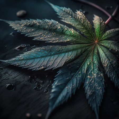 Cannabis leaf with drops of water on black wooden table.の素材