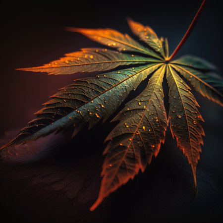 Green cannabis leaf on dark background. Close-up of marijuana leaf.の素材