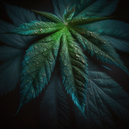 Cannabis leaf with water drops on dark background. Close up.の素材