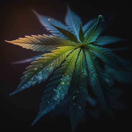 Cannabis leaf with drops of water on a dark background.の素材