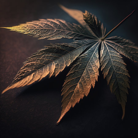Cannabis leaf on a dark background. Thematic photos of hemp.の素材