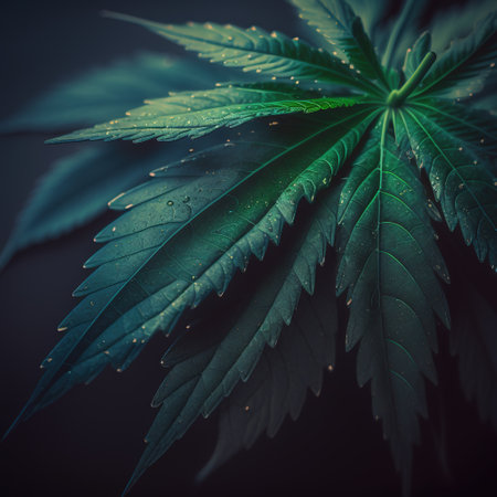 Cannabis leaf close up. Thematic photos of hemp and marijuana Green background of leaves of cannabis. Bright light leaks color tones.の素材