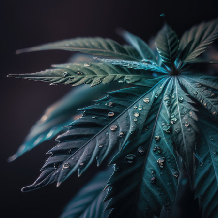 Marijuana leaf with water drops. Indoor cultivation of cannabis. Close up.の素材
