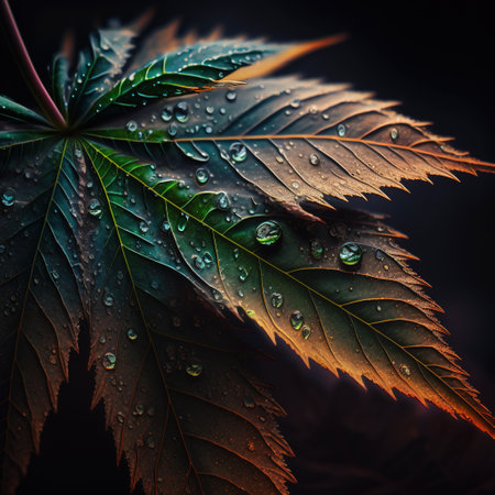 Cannabis leaf with drops of water close-up macro photographyの素材
