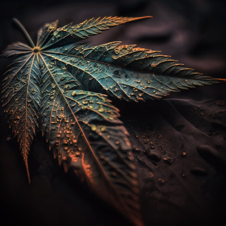 Marijuana leaf with drops of dew on it. Macro shot.の素材