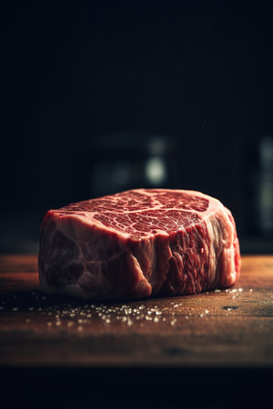 Raw fresh marbled beef steak on a wooden board. Toned.の素材