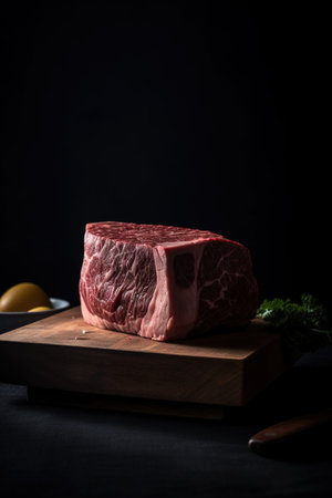 Raw beef steak on a cutting board. Black background. Toned.の素材