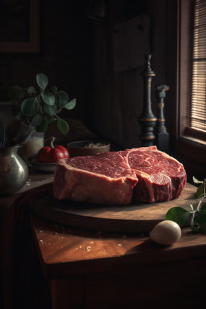 Raw beef steak on a wooden cutting board. Dark rustic style.の素材