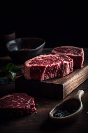 Raw beef steak on cutting board, black background, selective focus.の素材