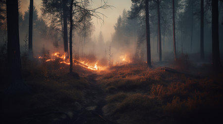 Forest fire. Burning dry grass, trees and bushes in the foreground.の素材