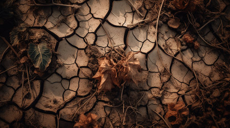 Dry cracked earth with dry leaves. Nature background. Toned.の素材