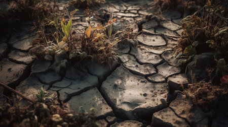 Dry cracked earth with small plants. Global warming, climate change conceptの素材