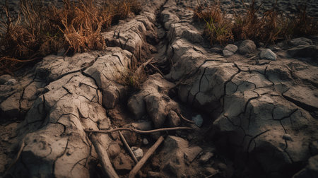 Dry cracked earth on the beach. Concept of climate change.の素材