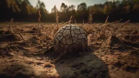 Old soccer ball on the ground in the field. Vintage style.の素材