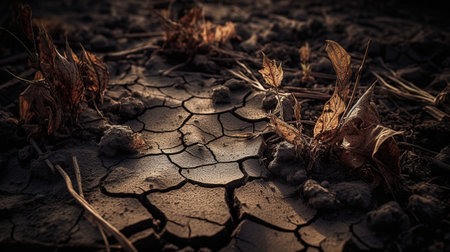 Dry cracked earth with dry grass and dead leaves in the desertの素材