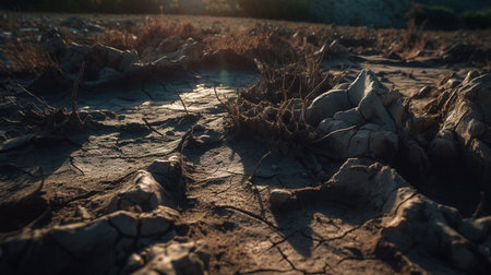 Dry soil with cracks in the middle of the field at sunsetの素材