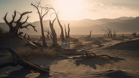 Dead trees in the desert at sunset. 3d render illustration.の素材