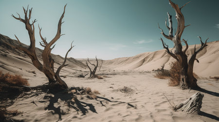 Dead trees in the middle of the desert. 3D illustration.の素材