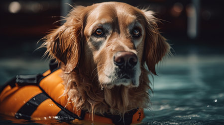 Cocker Spaniel swimming in a swimming pool wearing life jacket.の素材