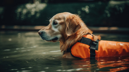 Golden Retriever swimming in a pool with orange life buoy.の素材