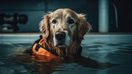 Cocker Spaniel swimming in a swimming pool with orange life jacketの素材