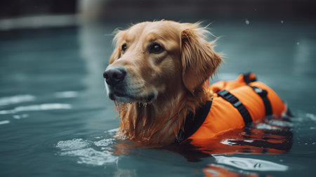 Portrait of a golden retriever swimming in a pool wearing life jacketの素材