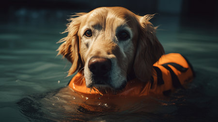 Cute Retriever swimming in a swimming pool wearing a life jacketの素材