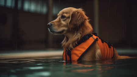 Cute golden retriever dog in life jacket swimming in the poolの素材