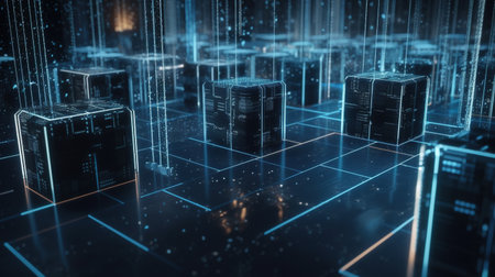 3D rendering of abstract server room with binary code. Technology concept.の素材