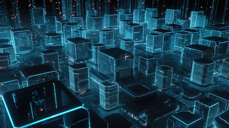 3d rendering of a big data center with a lot of binary codeの素材